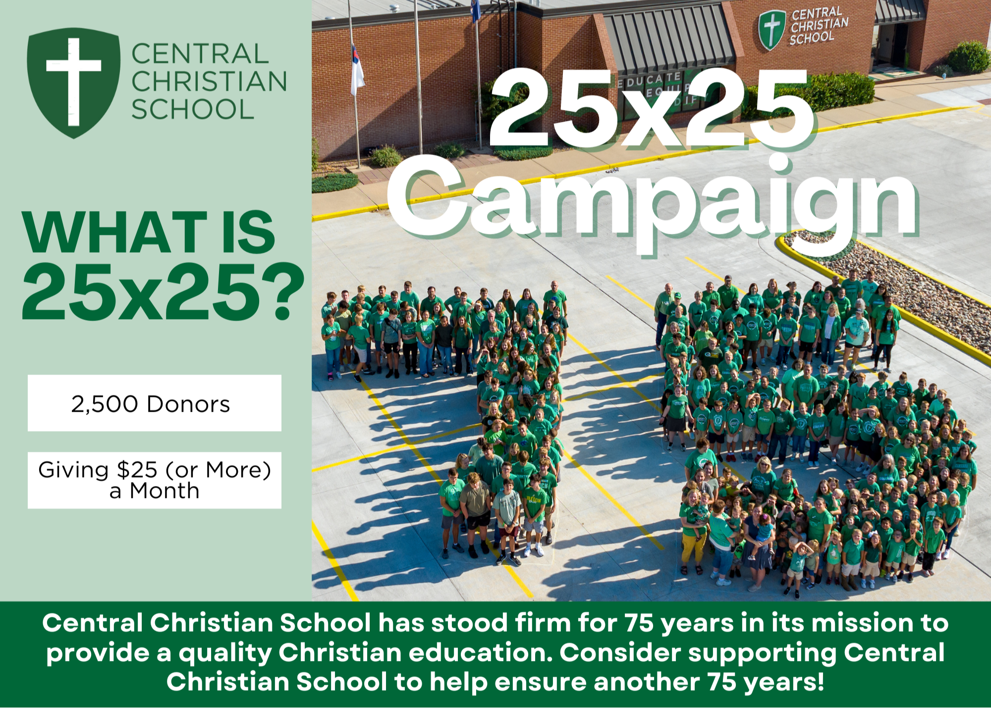  Central Christian School's 25x25 campaign logo featuring vibrant colors and a strong community focus.