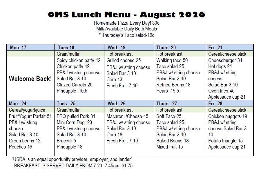 OMS Lunch Menu - August 2026