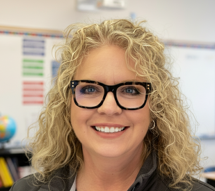 A smiling woman with curly blonde hair and glasses, wearing a dark jacket, stands in front of a blue backdrop with the words 'Randolph Technical Center.'
