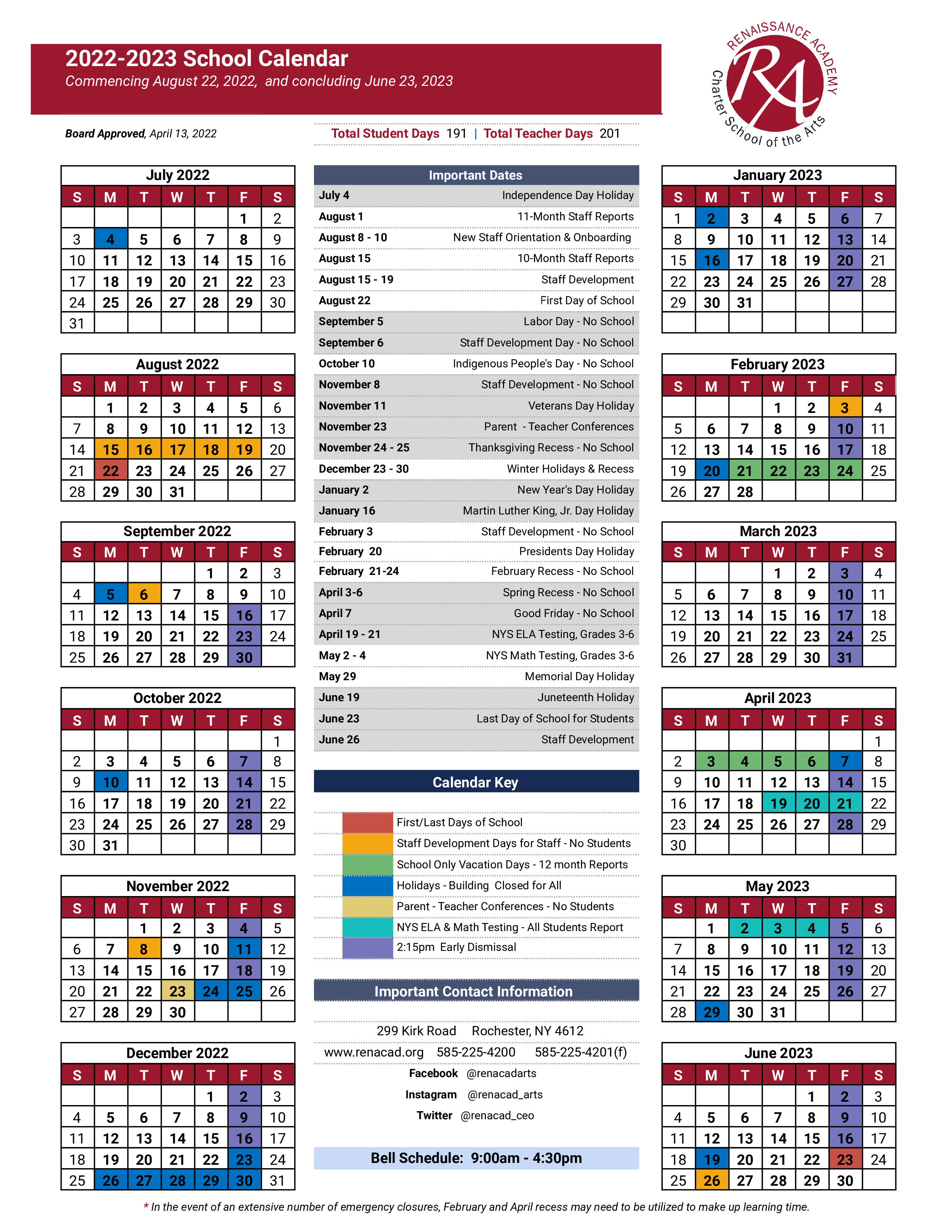 2022 2023 School Calendar Renaissance Academy Charter School Of The Arts