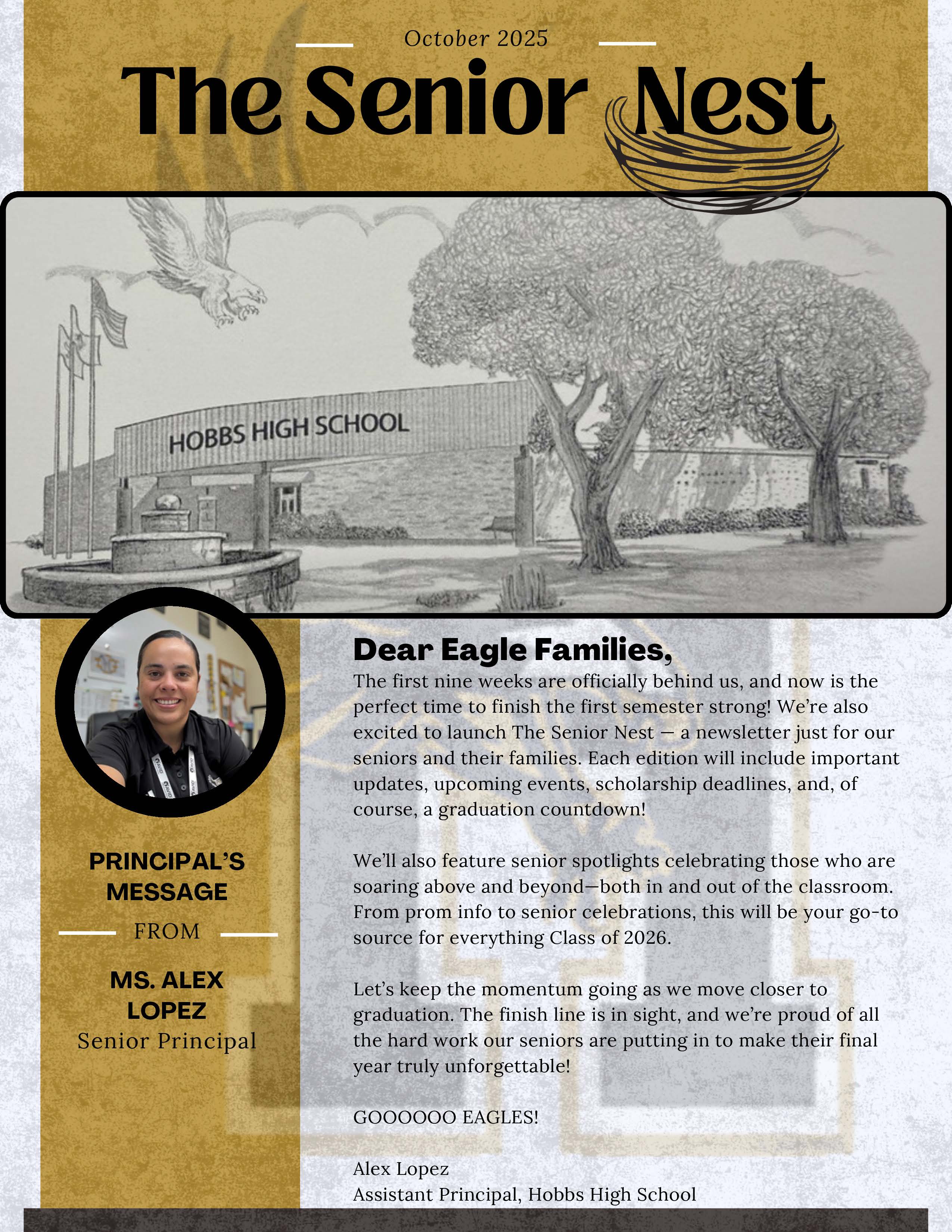 HHS The Senior Nest Newsletter October 2025 Message from Alex Lopez with information to parents, teacher pep talk with Mrs. Valerie Scott, countdown to graduation, Senior Spotlight with Clara Eagans and Yahir Suarez