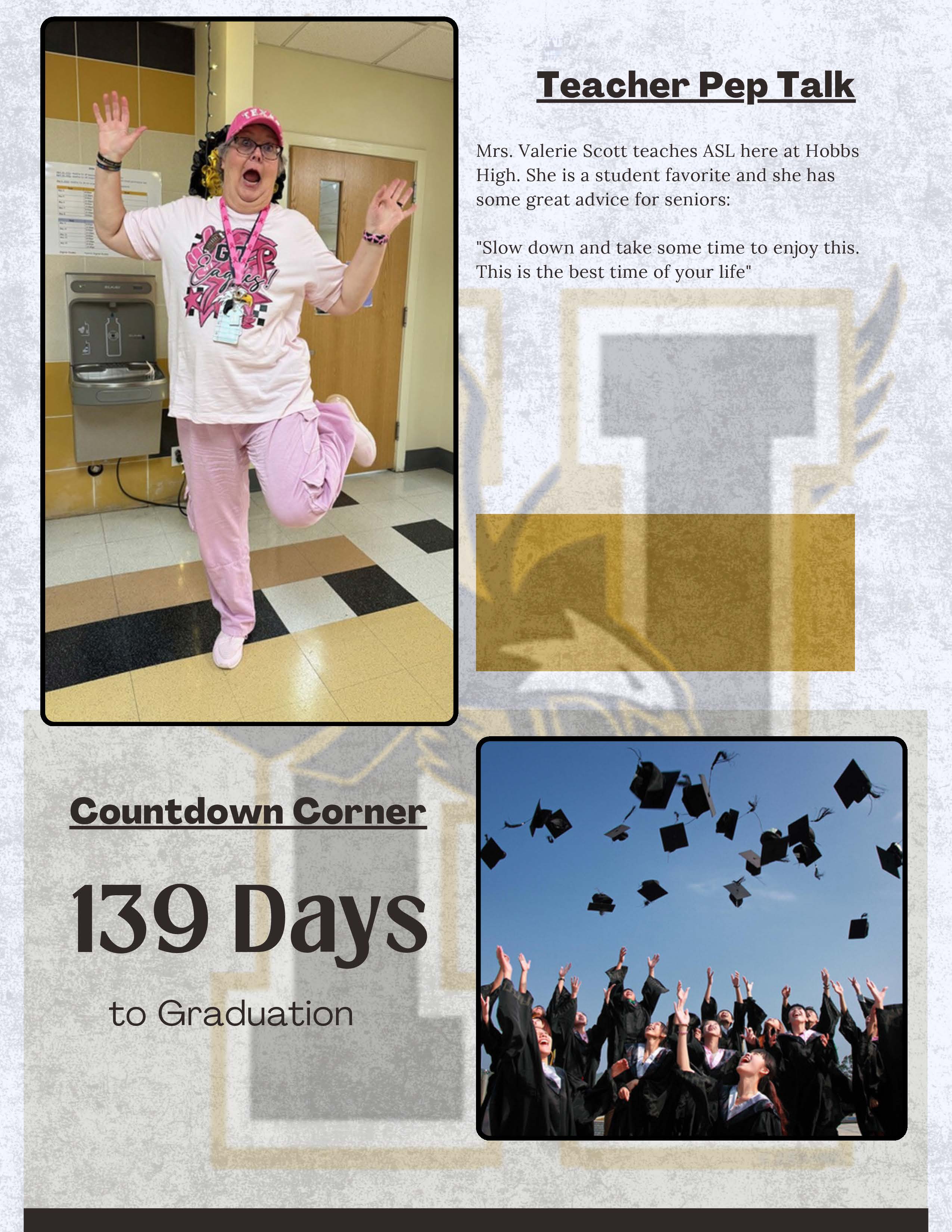 HHS The Senior Nest Newsletter October 2025 with the Hobbs High School in the Background Logo. Message from Alex Lopez with information to parents. Teacher pep talk with Mrs. Valerie Scott. Countdown to Graduation. Senior Spotlight with Clara Eagans and Yahir Suarez.