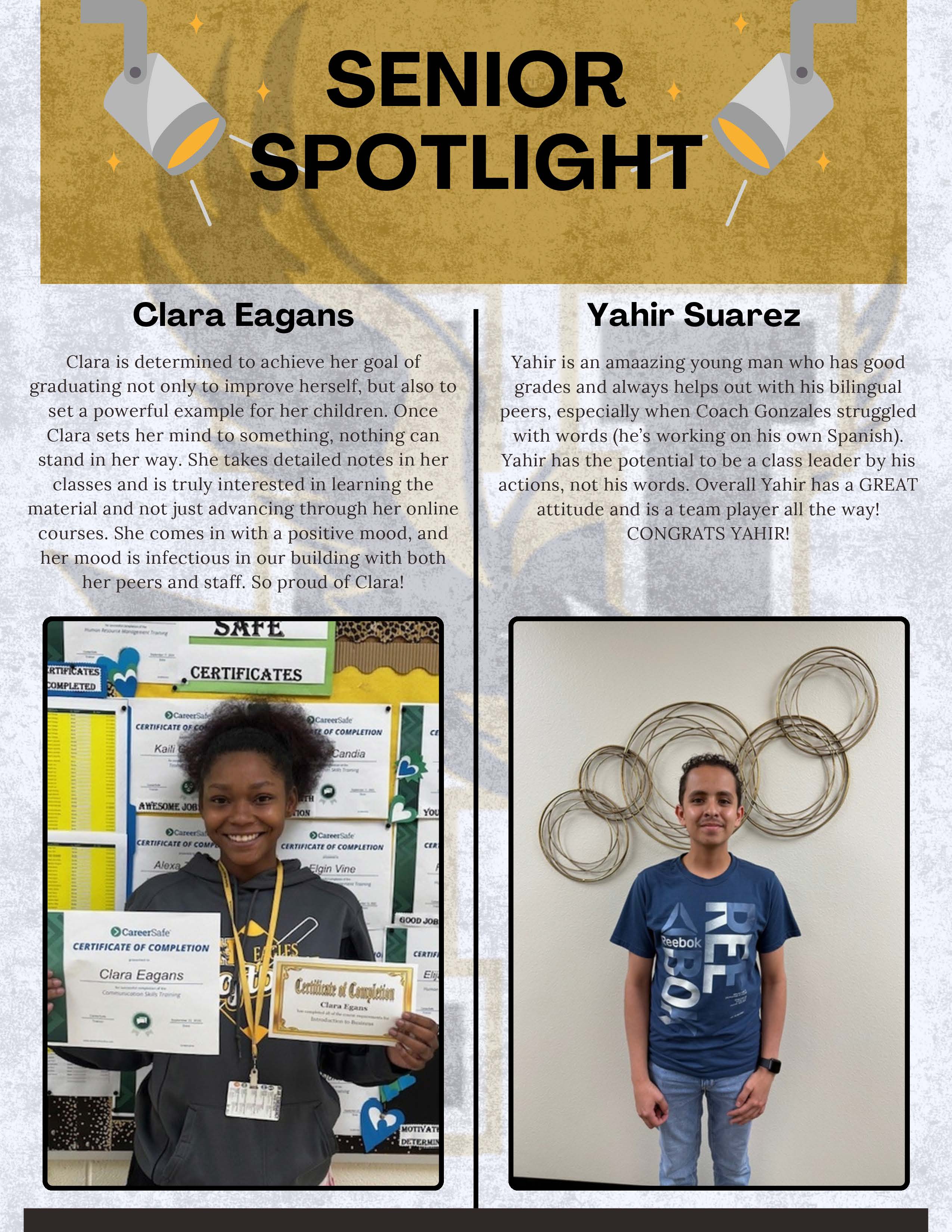 HHS The Senior Nest Newsletter October 2025 with the Hobbs High School in the Background Logo. Message from Alex Lopez with information to parents. Teacher pep talk with Mrs. Valerie Scott. Countdown to Graduation. Senior Spotlight with Clara Eagans and Yahir Suarez.