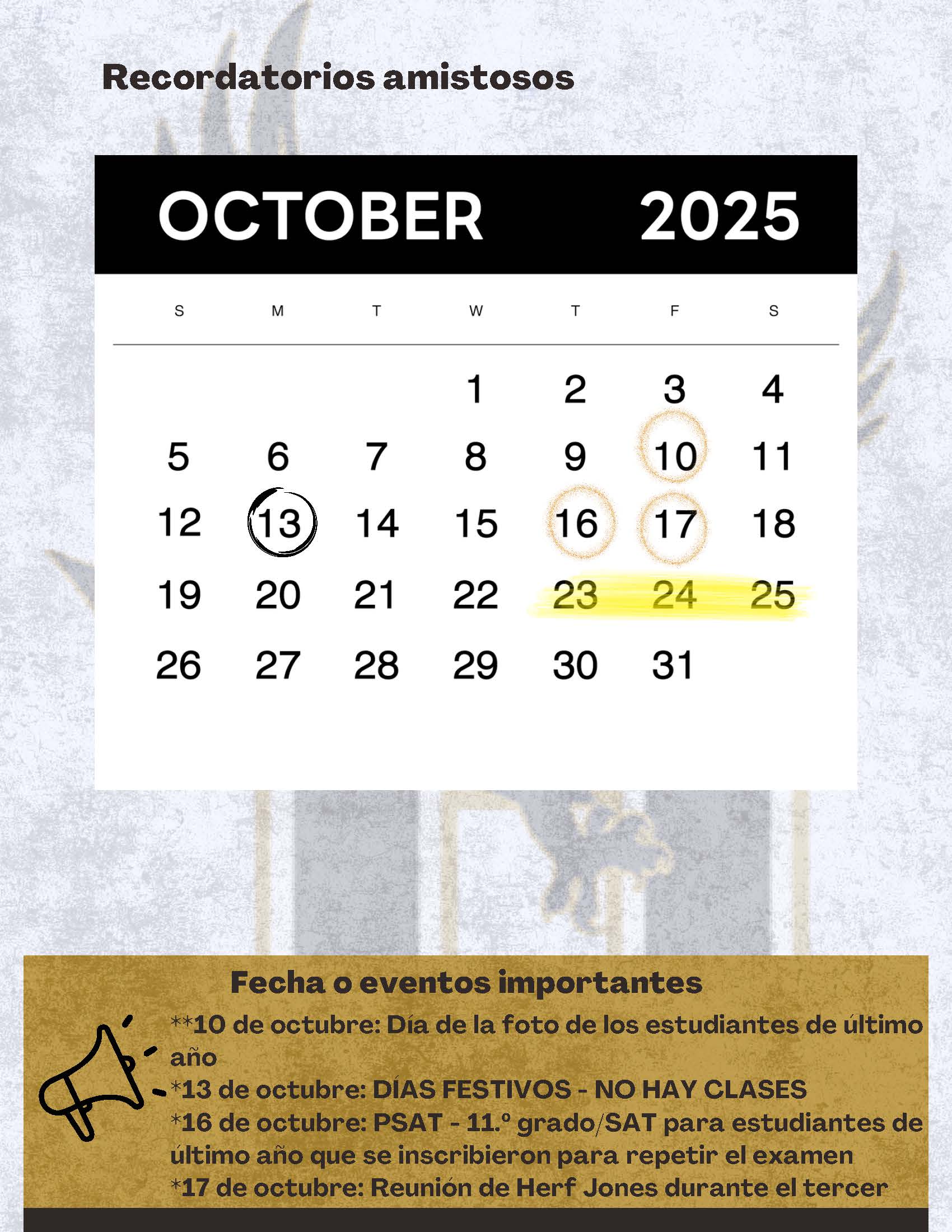 Boletín informativo de HHS The Senior Nest de octubre de 2025 con el logotipo de la Preparatoria Hobbs al fondo. Mensaje de la Sra. Alex López con información para los padres. Charla de motivación con la Sra. Valerie Scott. Cuenta regresiva para la graduación. Presentación de estudiantes de último año con Clara Eagans y Yahir Suárez.