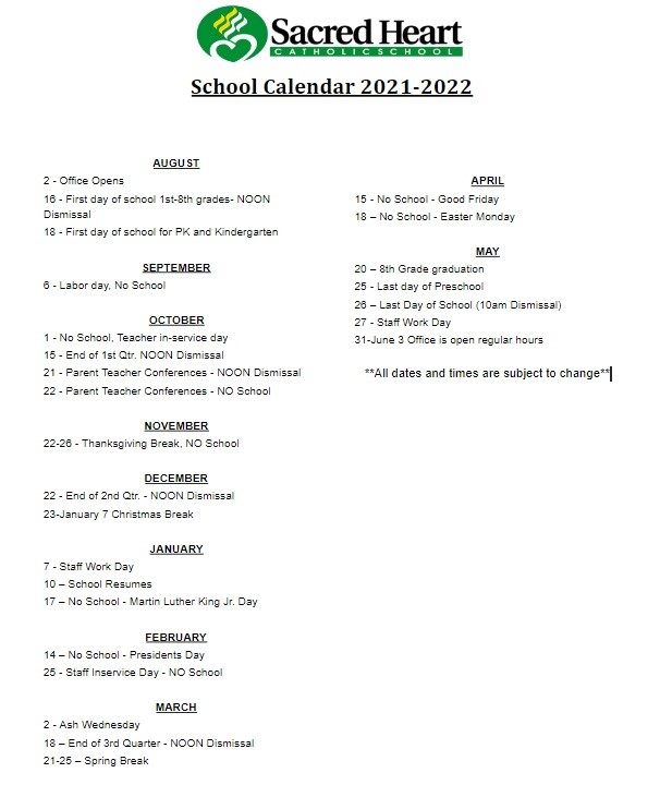 2021-2022 School Calendar | Sacred Heart Catholic School