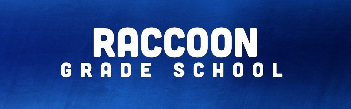 Raccoon Grade School in white block letters with blue background