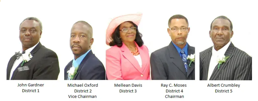 Five individuals in formal attire pose for a photo, each labeled with their name and district position, adorned with boutonnieres.