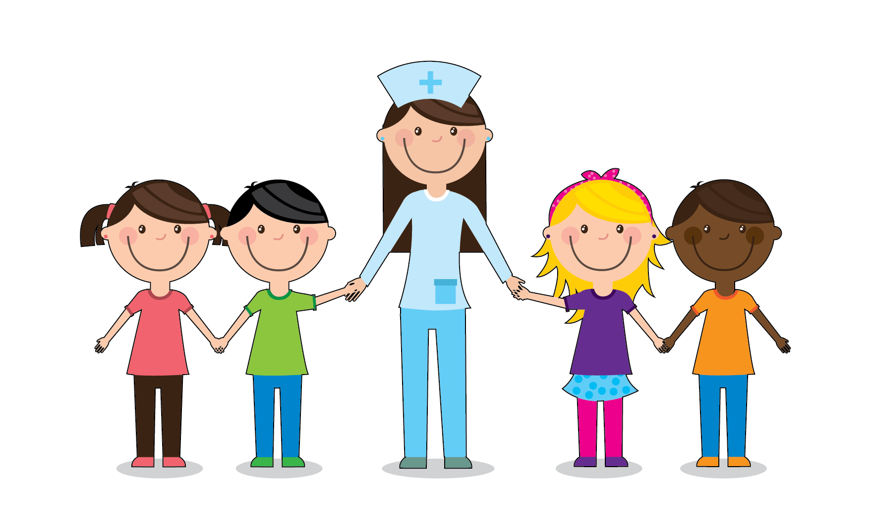 A cartoon depicting a nurse gently holding hands with children, symbolizing care and compassion in healthcare.