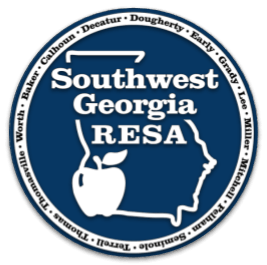 Logo of Southwest Georgia RESA featuring a stylized state outline, apple icon, and names of member counties in a circular design.