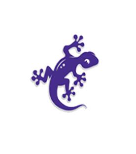A stylized purple gecko silhouette with an expressive face and detailed feet, set against a white background.