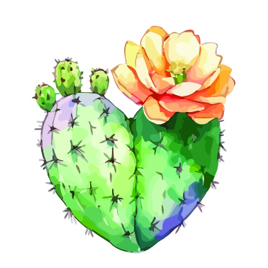 A heart-shaped cactus with vibrant green pads, adorned with yellow-orange flowers and small green buds.