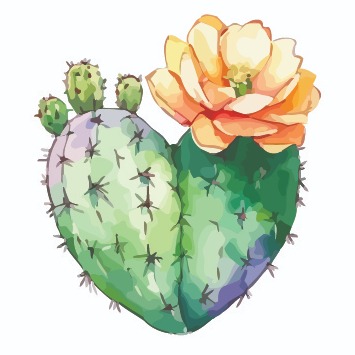 A heart-shaped cactus with vibrant green pads, adorned with yellow-orange flowers and small green buds.