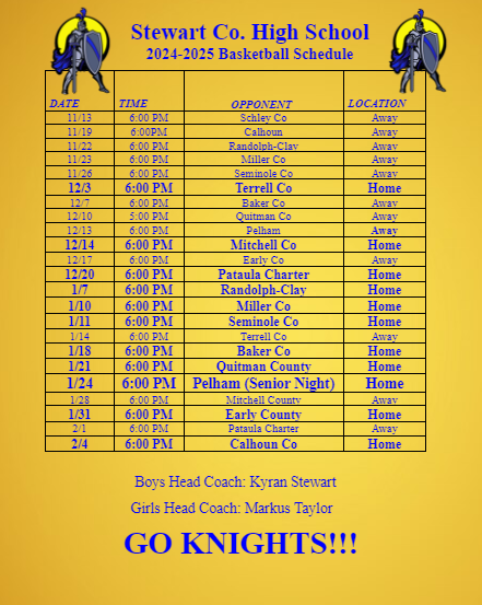 Stewart Co. High School basketball schedule displayed on a bulletin board, featuring game dates and opponents.