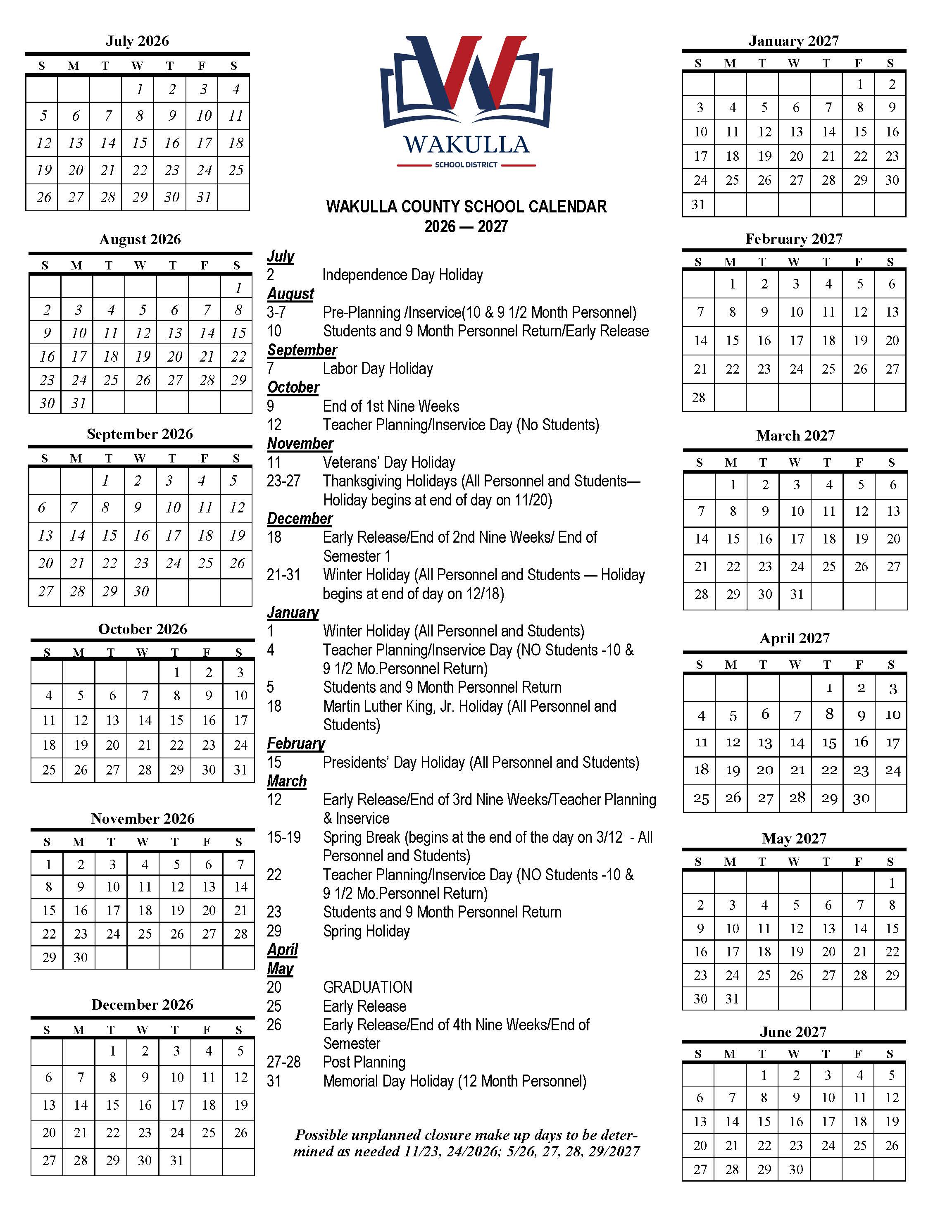 2026-2027 School Calendar