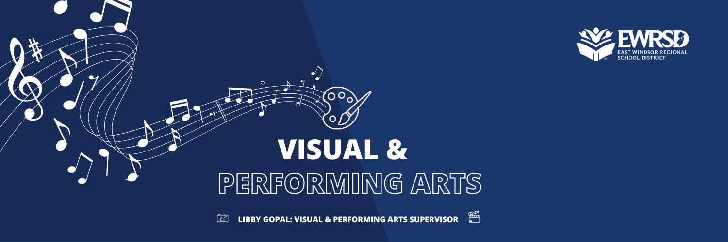 A graphic design featuring musical notes and a stylized guitar, with the text 'VISUAL & PERFORMING ARTS' prominently displayed against a dark blue background.