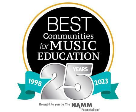 A circular logo celebrating 25 years of the 'Best Communities for Music Education' initiative, featuring the years 1998 and 2023, with a teal ribbon and the NAMM Foundation's name at the bottom.