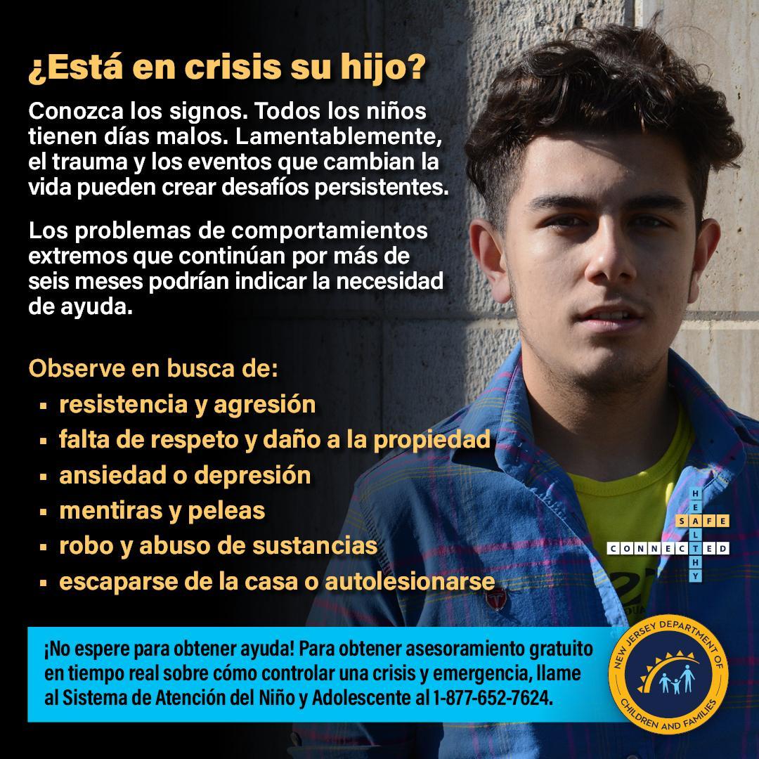 A young man stands against a wall, with text in Spanish discussing signs that a child may be in crisis, including resistance, aggression, and other behavioral issues, along with a call for help.