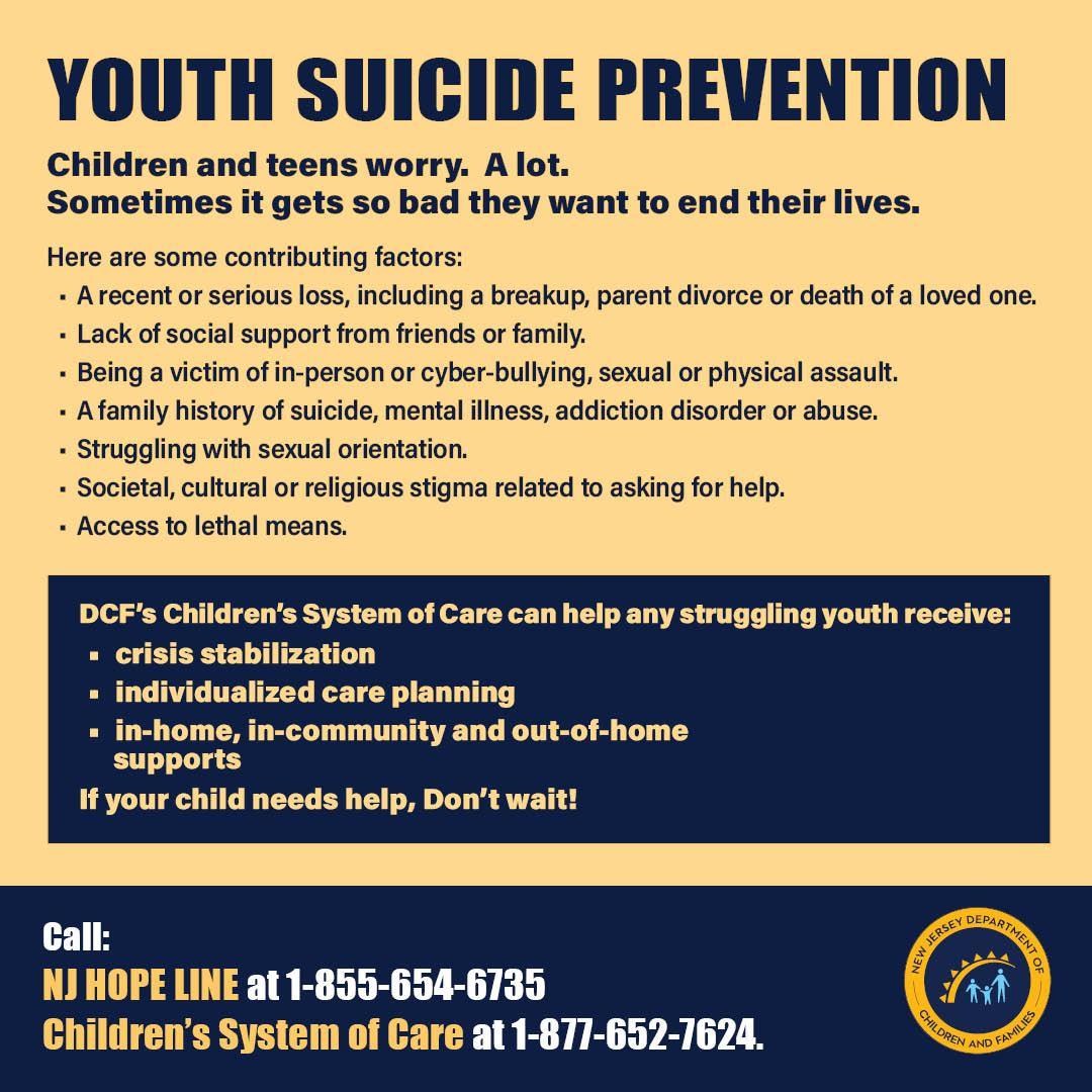 A poster on youth suicide prevention, highlighting contributing factors and resources available for children and teens in crisis, including contact information for support services.