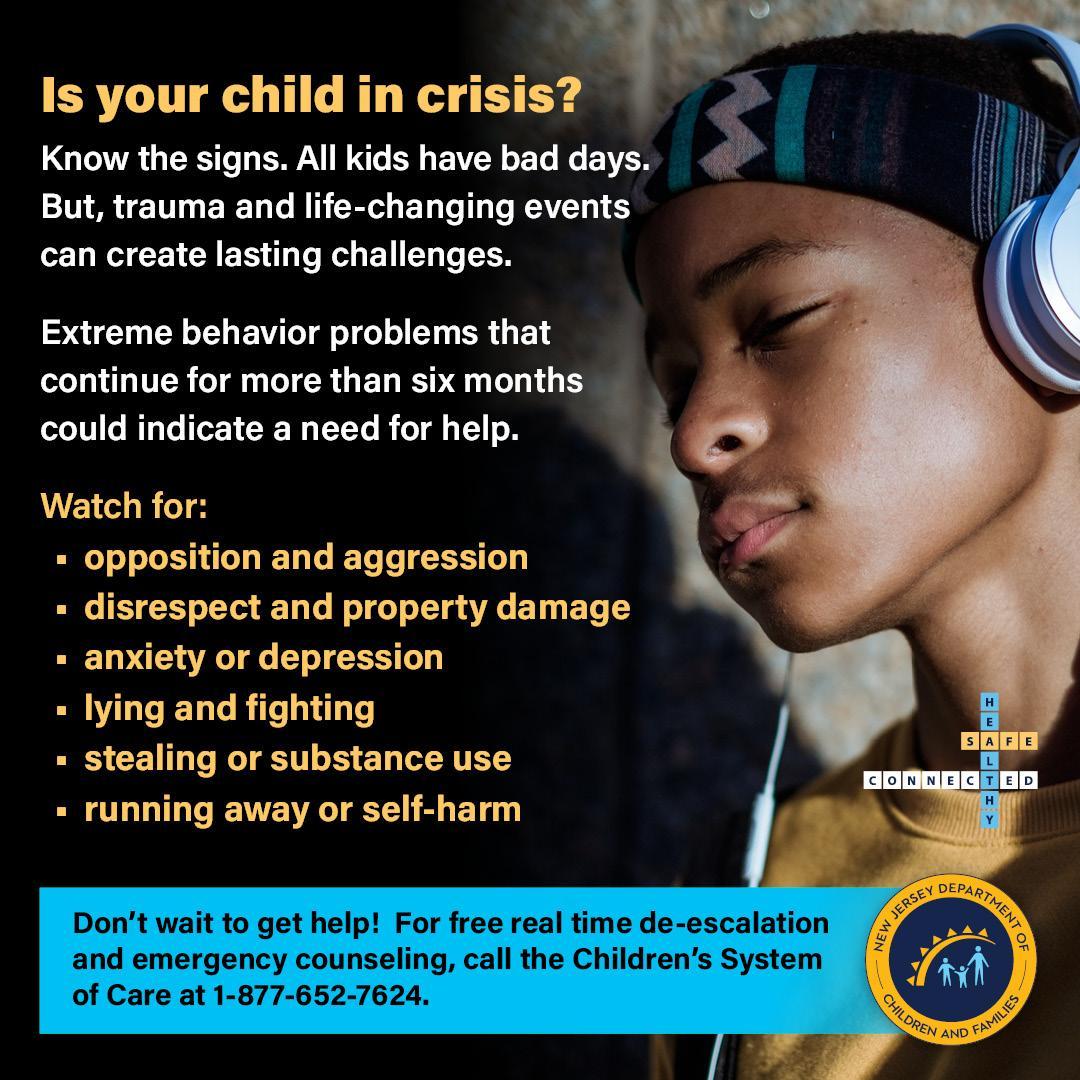 A young person wearing headphones appears contemplative, with text overlay discussing signs of a child in crisis and encouraging parents to seek help if needed.