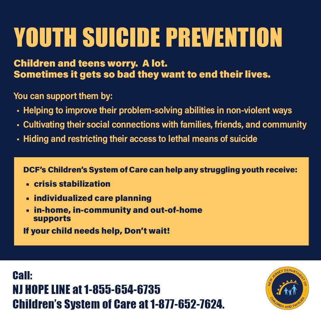 A graphic promoting youth suicide prevention, outlining ways to support children and teens, and providing contact information for crisis assistance.