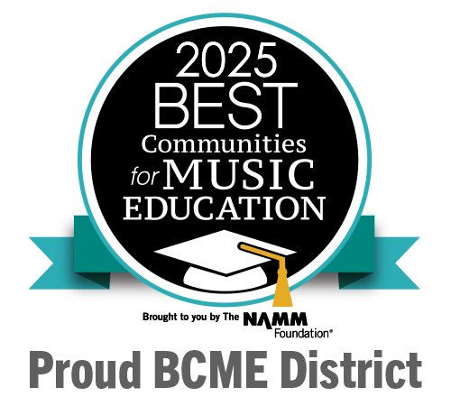 A circular logo celebrating 25 years of the 'Best Communities for Music Education' initiative, featuring the years 1998 and 2023, with a teal ribbon and the NAMM Foundation's name at the bottom.