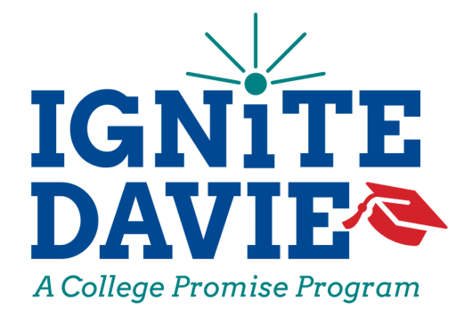 The logo for the IGNITE DAVIE program, featuring the program name in bold blue letters with a graduation cap icon and the tagline 'A College Promise Program.'