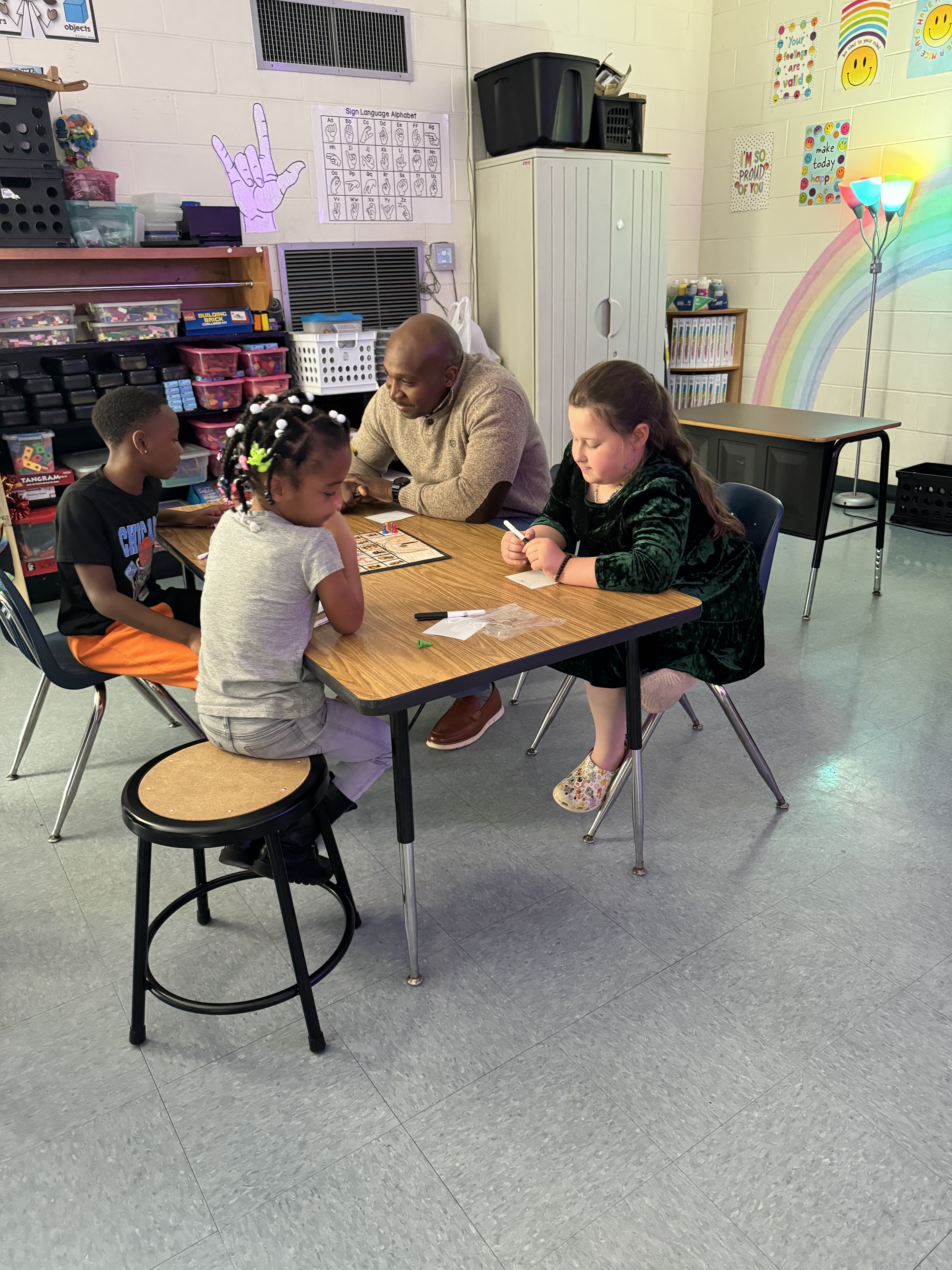classroom, students, adults, desk, games