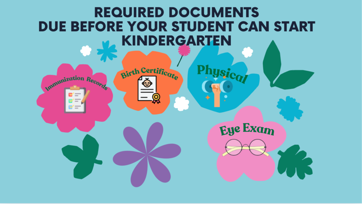 Required Documents before your child starts Kindergarten.  Physical, Birth Certificate, Eye exam and Immunization Records.