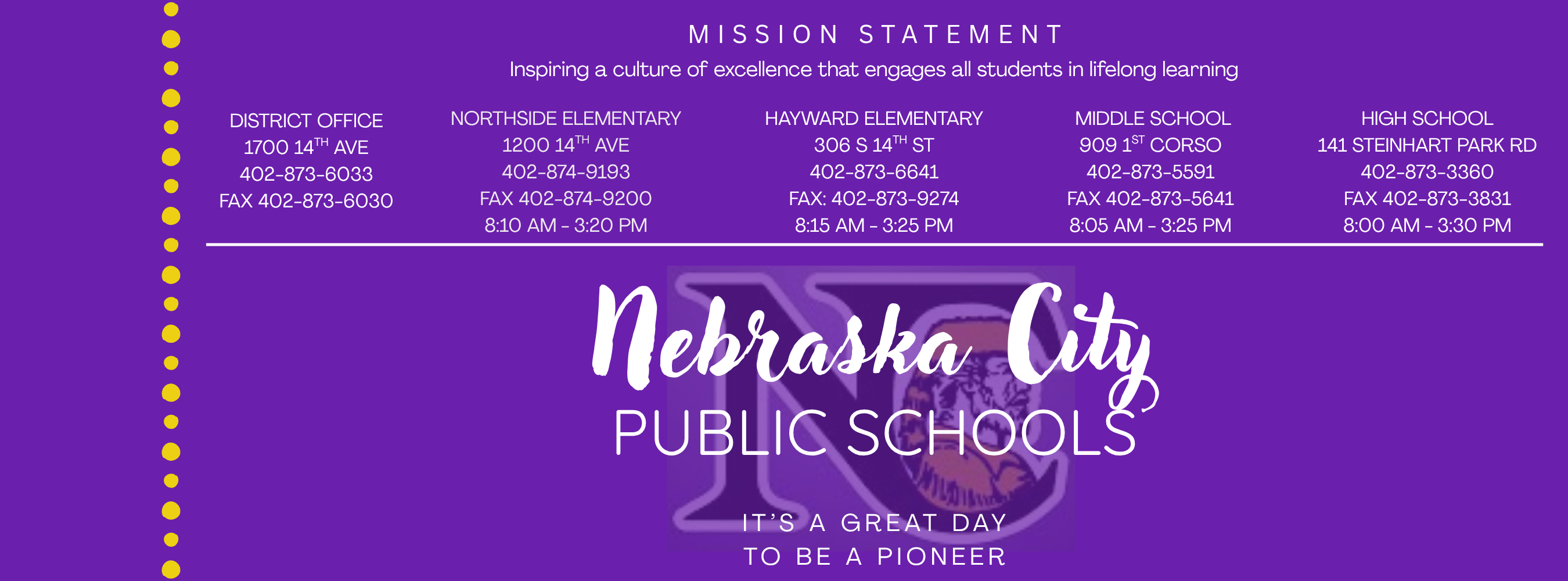 Mission statement: Inspiring a culture of excellence that engages all students in lifelong learning. Central office 1700 14th Ave 402-873-6033, Fax 402-873-6030, Northside Elementary 1200 14th Ave 402-874-9193, fax 402-874-9200, 8:10 am - 3:20 pm, Hayward Elementary 306 S 14th St, 402-873-6641, fax 402-873-9274 8:15 am - 3:25 pm, Middle School 909 1st Corso, 402-873-5591, fax 402-873-5641, 8:05-3:25, High School 141 Steinhart Park Rd, 402-873-3360, fax 402-873-3832 8:00 am - 3:30pm