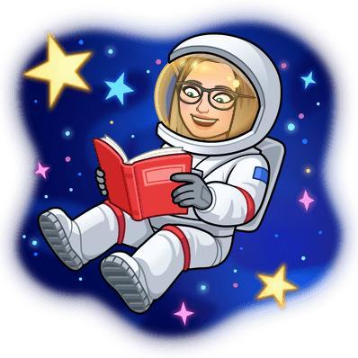 A girl wearing white astronaut suit and reading a book