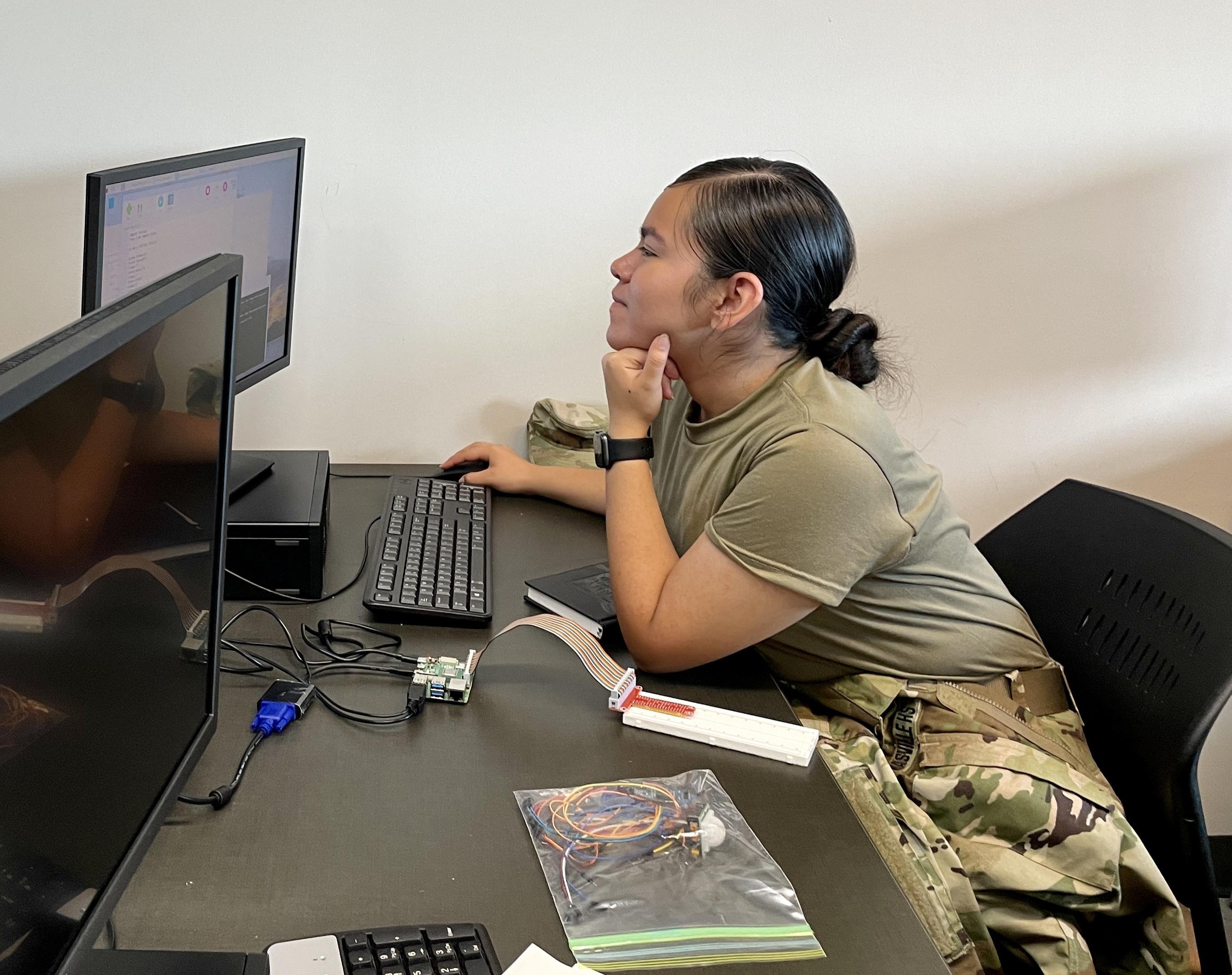 A woman in military uniform seated at a desk, focused on her work at a computer.