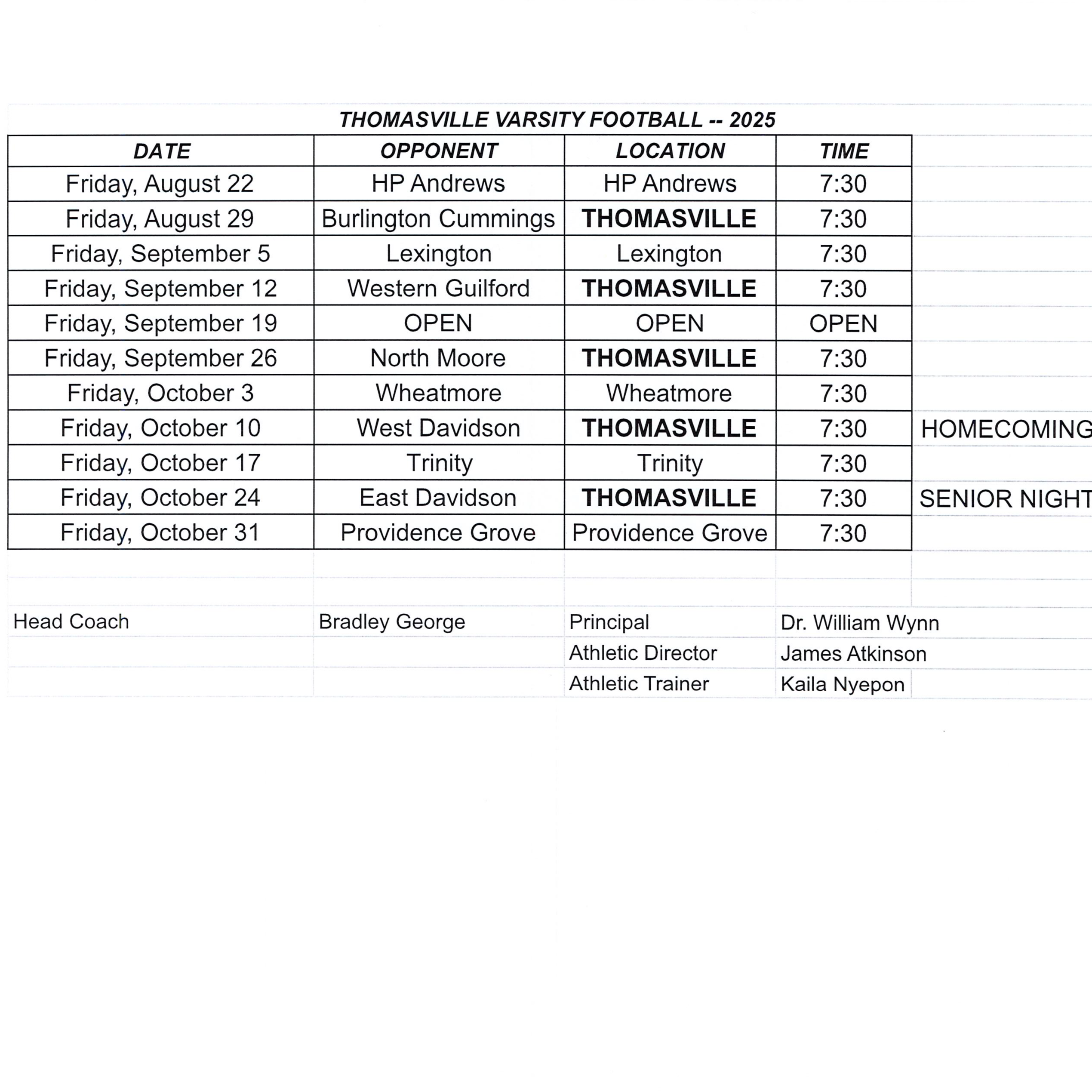 Schedule for Football