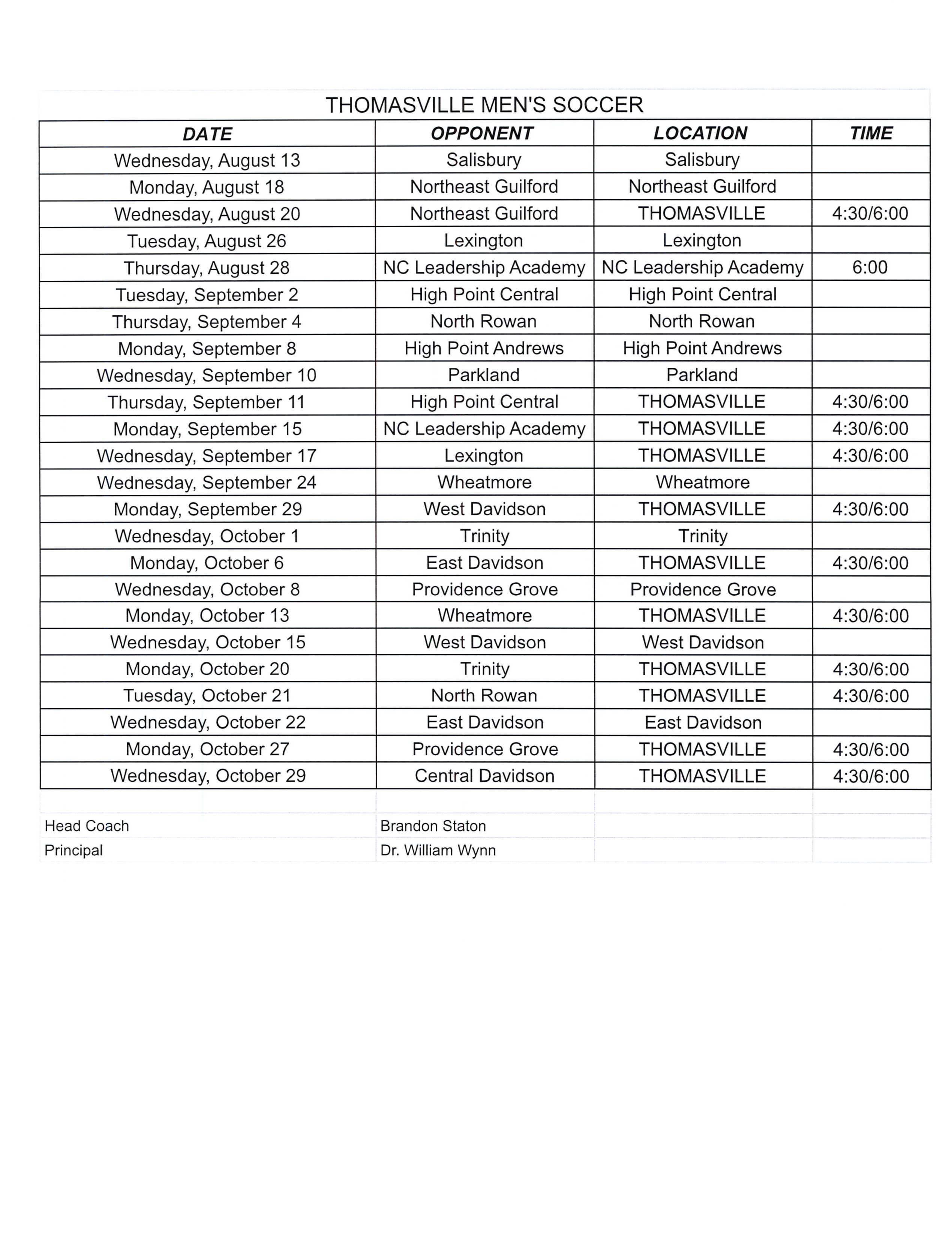 VARSITY MENS SOCCER SCHEDULE