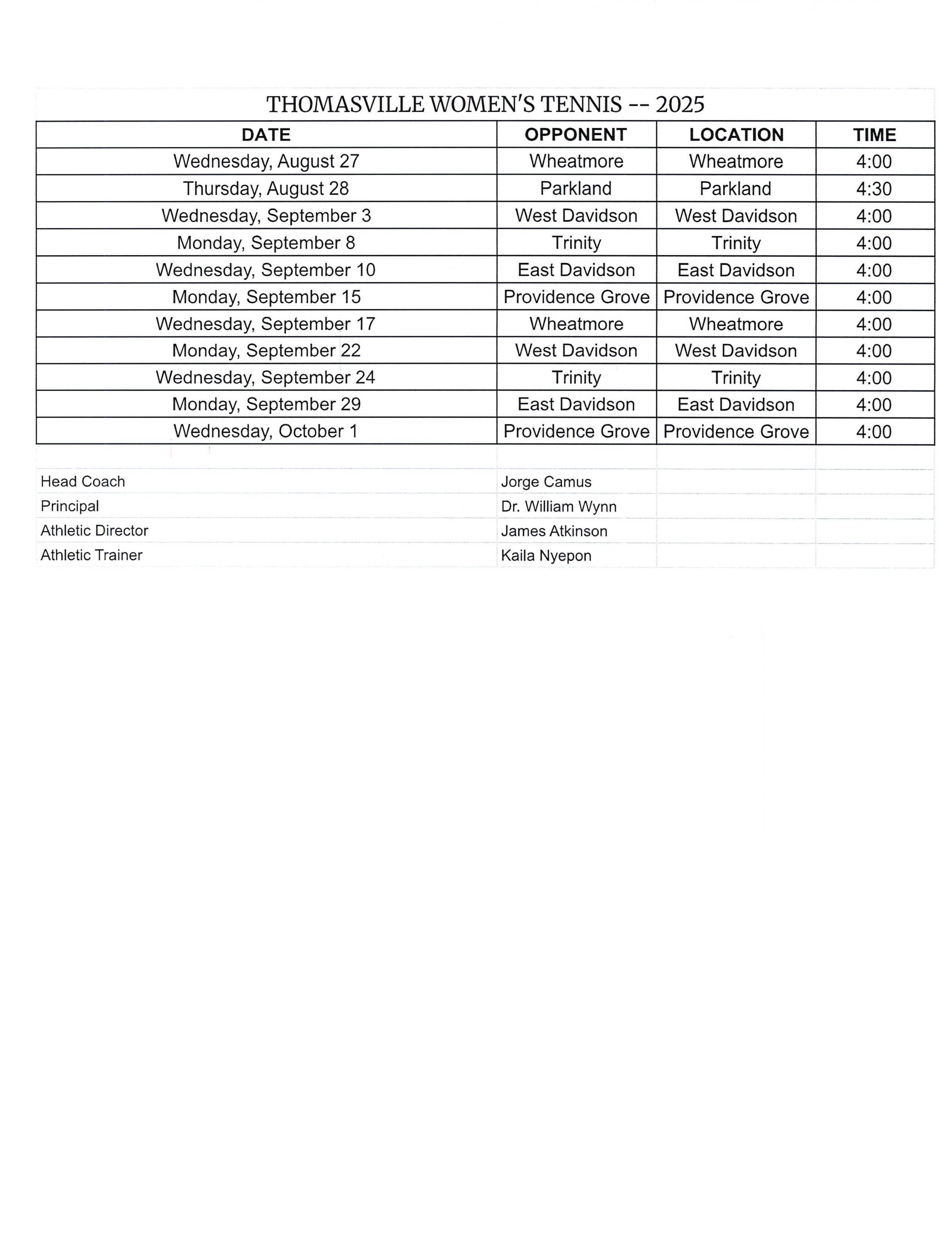 Women's Tennis Schedule