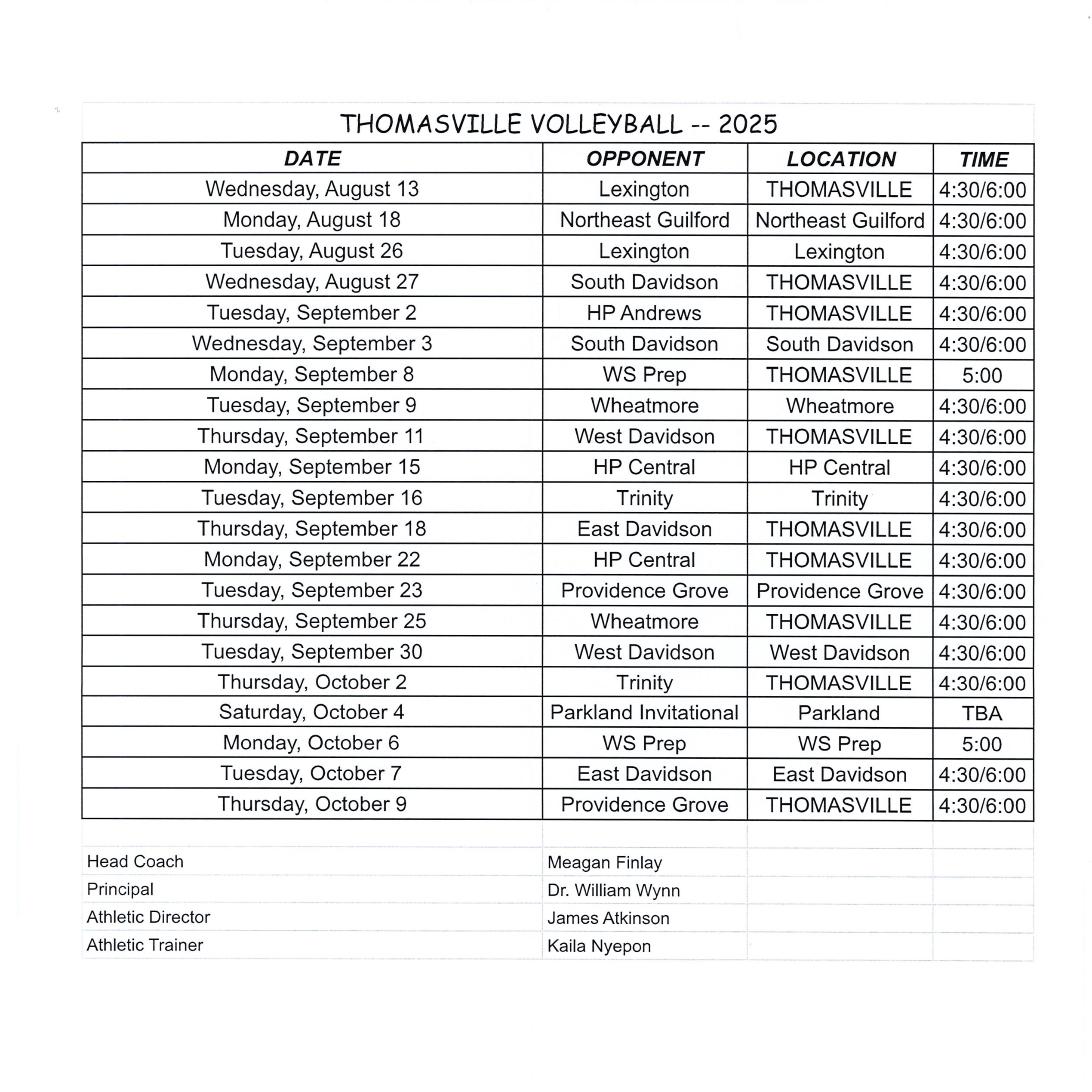 Volleyball Schedule