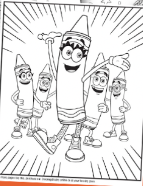 A coloring page featuring a cartoon character alongside vibrant crayons for creative expression.