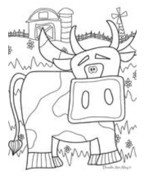 A coloring page featuring a cow grazing peacefully in a lush green field under a clear blue sky.