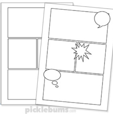 Comic book page template featuring blank panels for illustrations and dialogue, designed for creative storytelling.