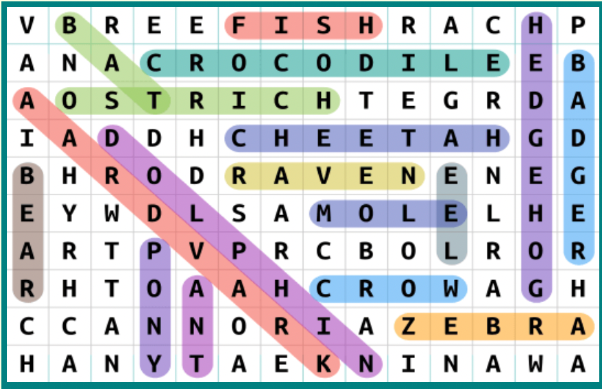 A word search puzzle featuring the word "crocodile" repeated multiple times throughout the grid.