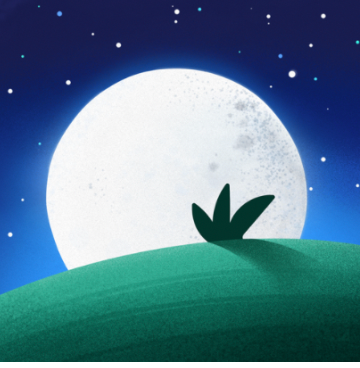 A cartoon character sits on a hill, gazing at a bright full moon illuminating the night sky.