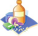 A bottle of medication with several pills laid out on a blue fabric background.