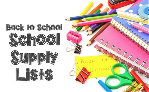 A colorful graphic displaying various school supply lists for back-to-school preparations.