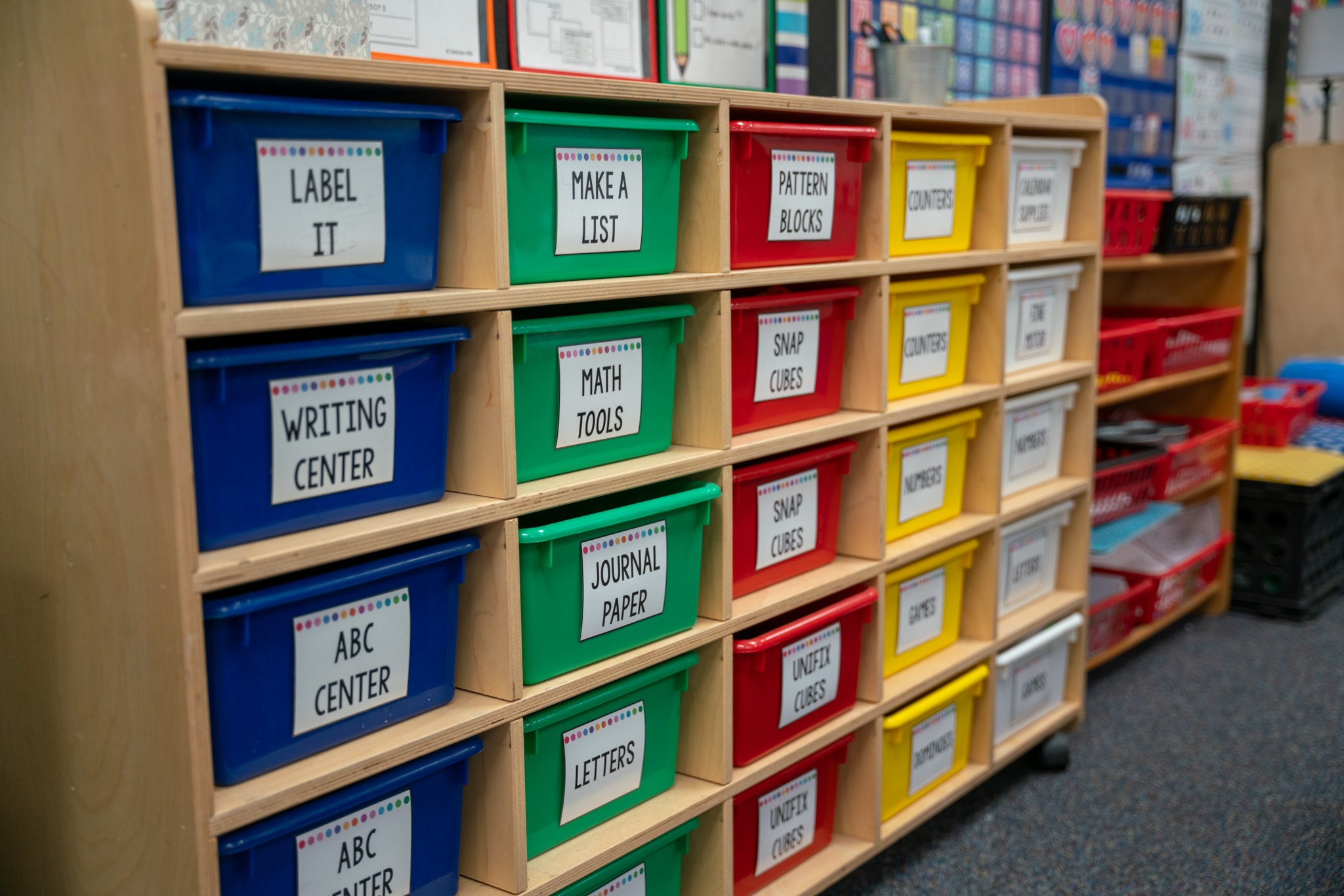 Picture of kindergarten cubbies in different colors
