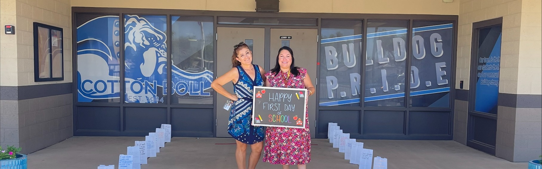Dr. Marsden &amp; Ms. Arias welcome students on the  first day