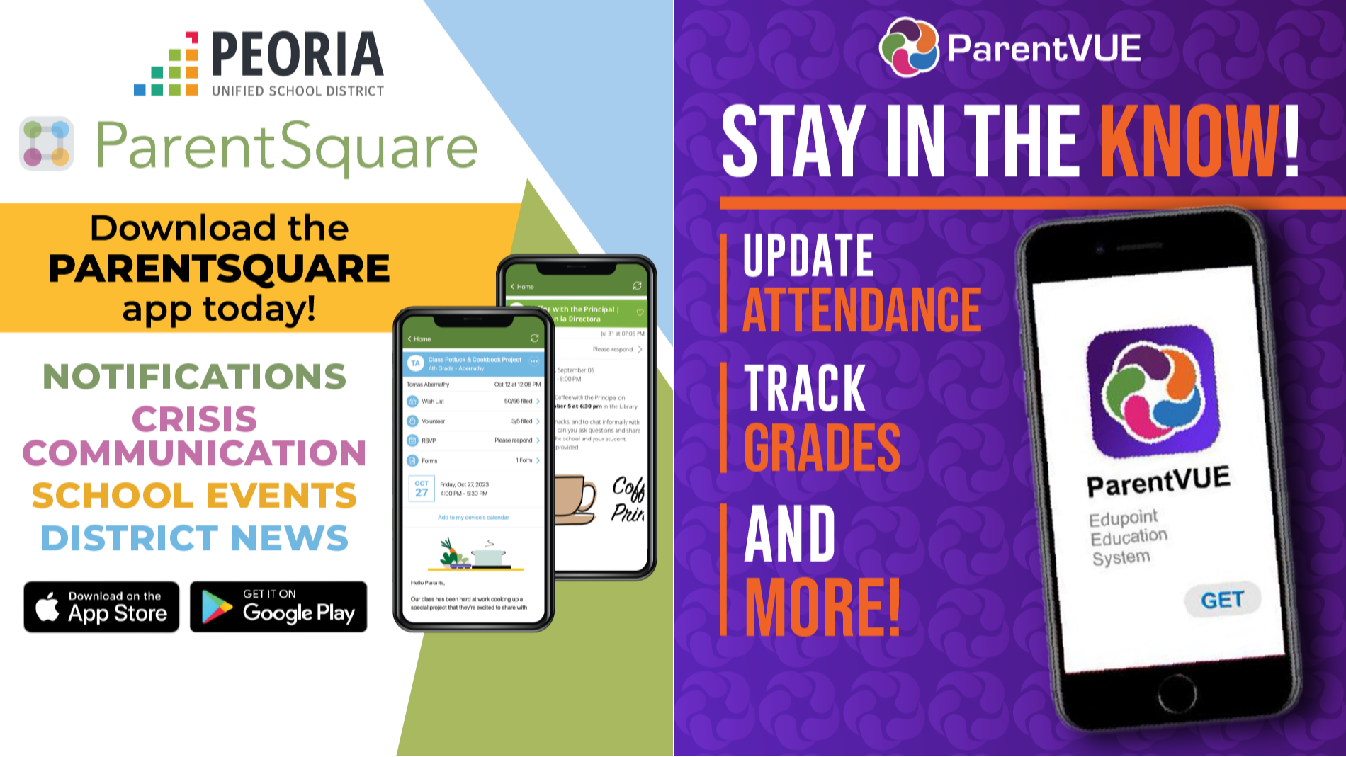  we use ParentSquare and ParentVUE to keep families informed of their child’s education. ParentSquare is how we will communicate with you about your child, and keep you informed of events happening at our school. ParentVUE is where you will update attendance, and track grades.