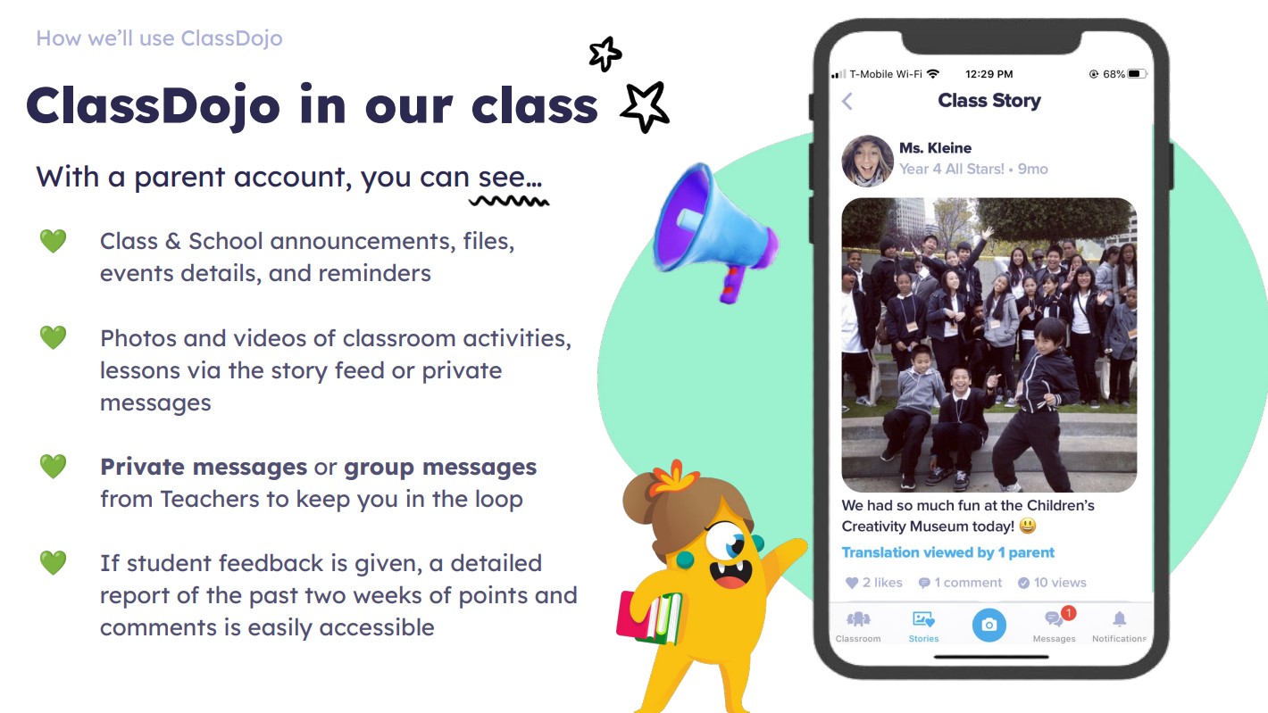 images describing what and how class dojo can be used in the classroom, including the OPTIONAL paid version