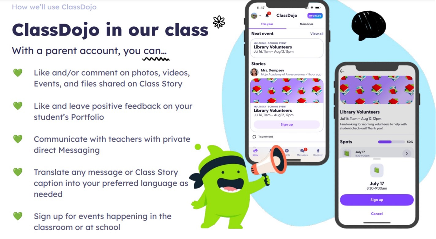 images describing what and how class dojo can be used in the classroom, including the OPTIONAL paid version