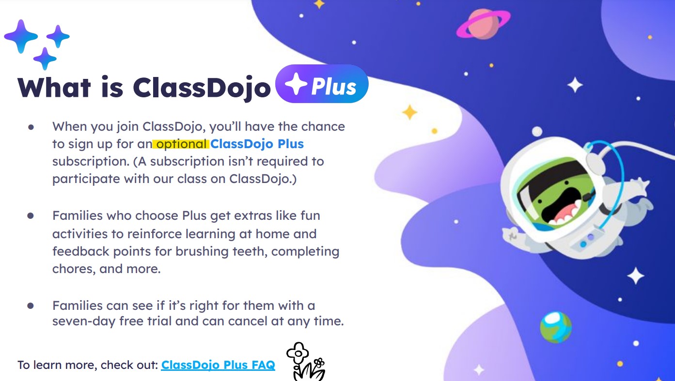 images describing what and how class dojo can be used in the classroom, including the OPTIONAL paid version