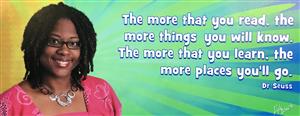A woman with curly hair smiles beside a colorful background featuring a quote by Dr. Seuss about the benefits of reading and learning.