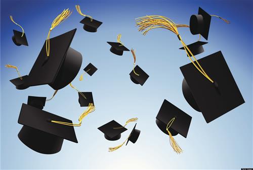An array of black graduation caps with yellow tassels floating against a blue background, symbolizing celebration and achievement.